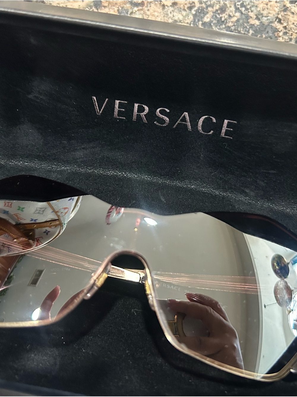 Versace Women's Brown Mirrored Shield Sunglasses with Gold Accents